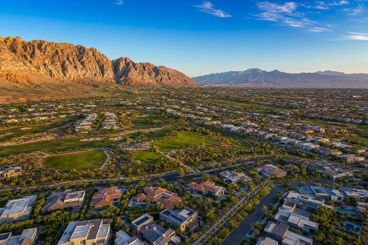 Aerial view of Summerlin as an out-of-state relocation destination — 42% of NREG's 2025 Summerlin buyer transactions were relocating from California and the Pacific Northwest